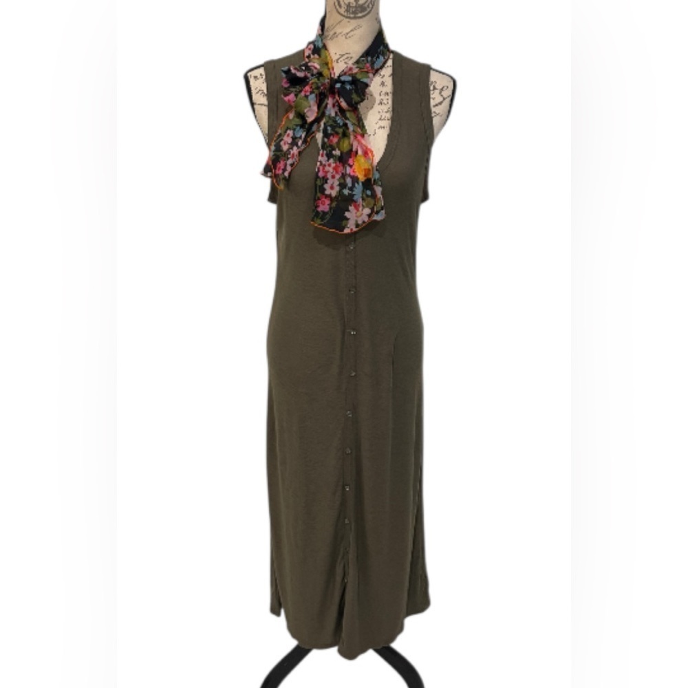 James Perse Standard Sleeveless Faux Button Tank Midi Dress Olive Size 3 (large)